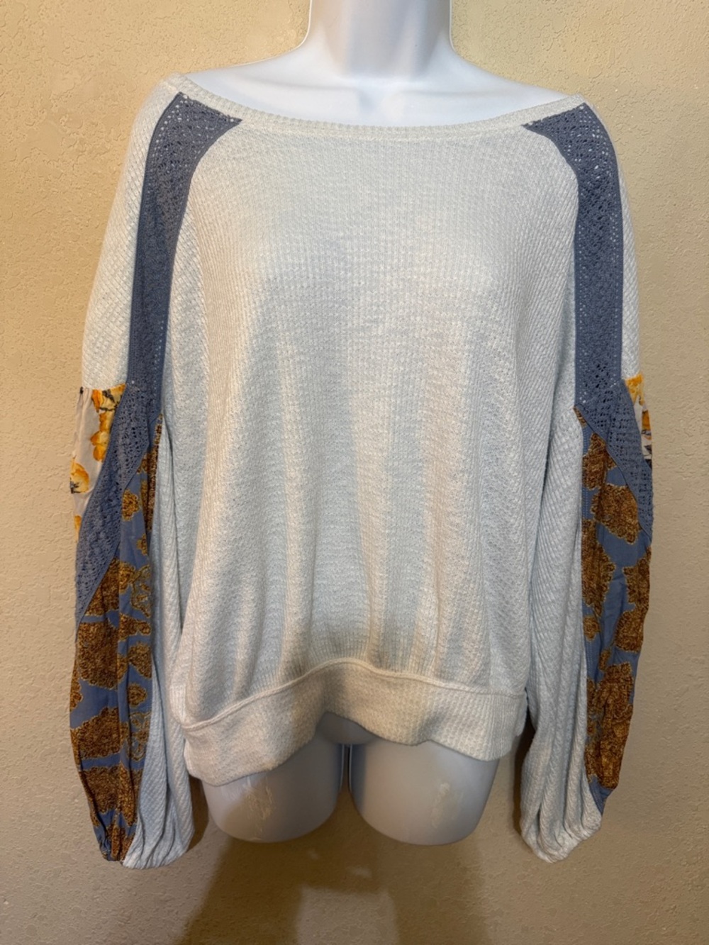 Free People Ivory Sweater with Blue and Mustard Floral Balloon Sleeves